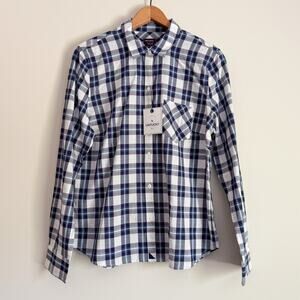 UNTUCKIT Women's Sorbo Plaid Button Up Shirt Blue White Regular Fit Career